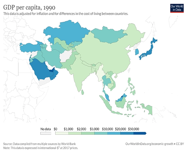 تولید ناخالص داخلی در کشورهای آسیایی در سال 1990 و 2021